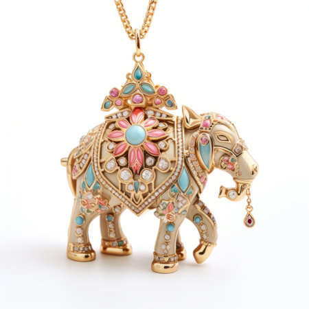 a gold elephant adorned with colored stones, featuring a captivating blend of light turquoise and dark pink hues. this culturally diverse masterpiece, created by anastasiya dobrovolskaya, showcases opulent ornaments in light gold and red. julia pishtar's artistic touch brings out the intricate details of this 32k uhd photograph. ai generatedの素材