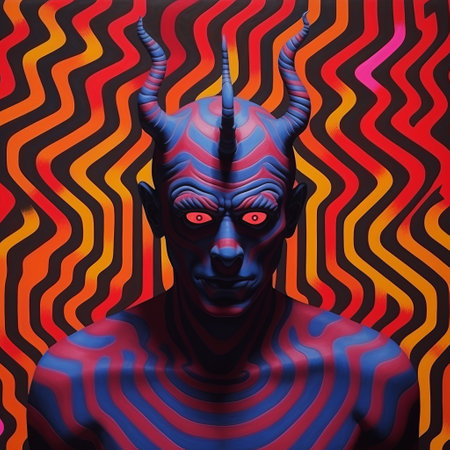 a man with blue horns and a blue face is depicted in this artwork. the style of the piece features bold colorful lines, with dark yellow and crimson tones. the background consists of illusory wallpaper portraits in light red and dark purple. the overall composition is inspired by pop art, showcasing multi-layered figures and mind-bending patterns. ai generatedの素材