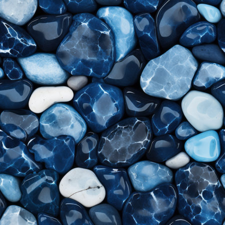 blue and white stones arranged in a pattern resembling hyper-realistic water. the detailed background elements feature a combination of light sky-blue and dark indigo shades. the stones have a shiny, glossy appearance, with a mix of dark indigo and light beige colors. the image showcases imitated material with high resolution. ai generatedの素材