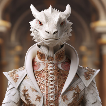 a whimsical figurine of a handsome model dressed as a dragon, depicted in a realistic hyper-detailed rendering style. the drawing showcases a baroque sci-fi aesthetic with light white and light gold tones. captured in close-up shots, this artwork is created using unreal engine 5, resulting in a visually stunning and captivating image. ai generatedの素材