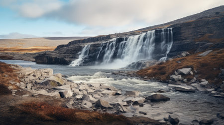 a stunning photograph of a mountain river showcasing a captivating waterfall. this image, captured with a nikon d850, resembles the artistic style of scarlett hooft graafland. the hazy landscapes add a touch of mystery, reminiscent of the works of even mehl amundsen. this national geographic photo features a color palette of dark silver and beige, creating a visually striking composition. the high resolution and 3dの素材