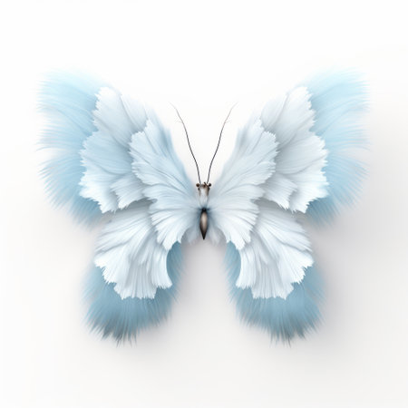 a white and blue painted butterfly, resembling feathers, with a realistic color palette. the minimalistic composition and organic sculpting give it a whimsical character design. the butterfly is adorned with light crimson and light azure hues, creating a trace monotone effect. ai generatedの素材