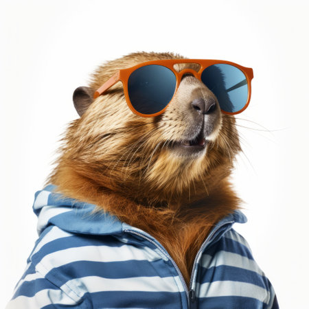 a dog wearing sunglasses sits in a white striped jacket, resembling hyperrealistic marine life. the softbox lighting enhances the details, while random ravels add a touch of uniqueness. the artwork, created by ben wooten, features a dark orange and blue color scheme, giving it a matte photo effect. the transparency and opacity effects add depth to the composition. ai generatedの素材