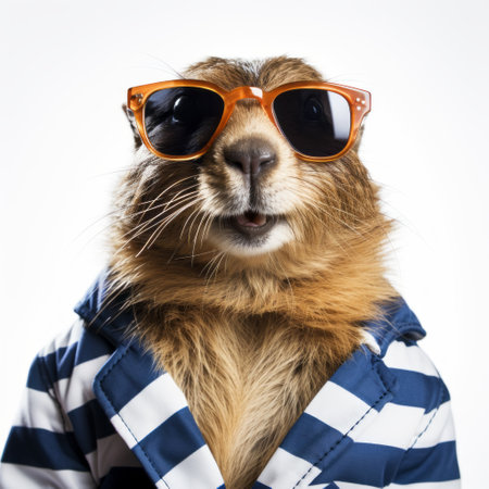 a squirrel wearing sunglasses and a striped shirt stands out against a white background in this bold fashion photography style. with a humorous tone, the light amber and navy colors add a hip-hop flair to the image. this handsome squirrel photo captures the essence of a national geographic photo. ai generatedの素材