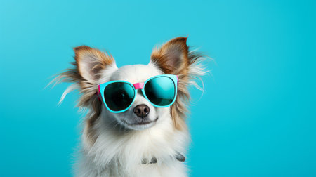 a dog wearing sunglasses poses for a portrait on a dark blue background. the image is captured in a bold fashion photography style, with a light cyan and magenta color scheme. the motion blur adds a playful elegance to the picture, while the light turquoise and white accents create a groovy and cheerful atmosphere. ai generatedの素材