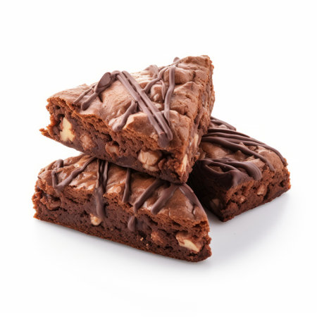 a photo of chocolate brownies displayed on a white background, showcasing the polished craftsmanship and artistic style of valentin de boulogne and rupert bunny. the frequent use of diagonals and a birds-eye-view perspective adds visual interest. the monochromatic color scheme enhances the overall aesthetic appeal of the image. ai generatedの素材