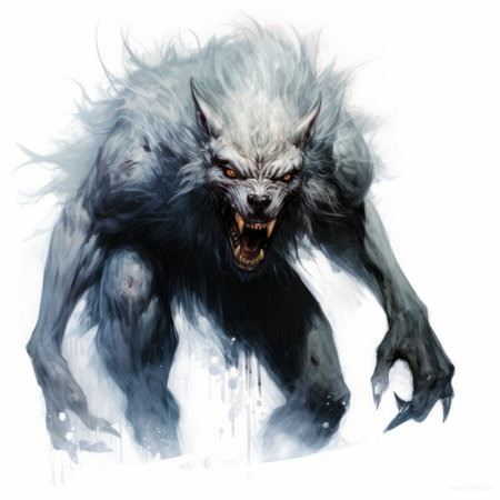 a werewolf, inspired by the artistic style of ross tran and john larriva, is depicted in motion against a white background. the image showcases a combination of white and gray tones, with contrasting light and shadow creating a striking visual effect. this captivating artwork, reminiscent of a contest-winning piece, features rough clusters of details. ai generatedの素材