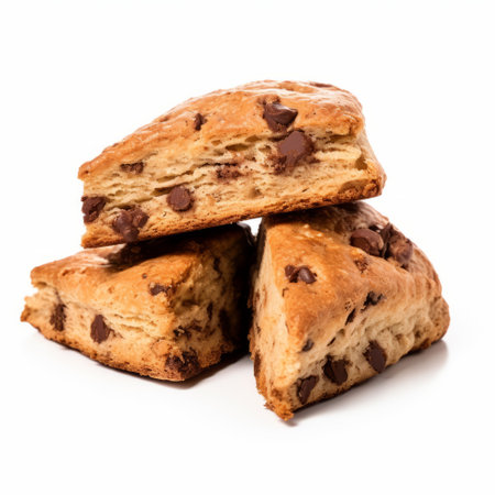 four chocolate chip cookies are displayed on a white background, reminiscent of the artistic style of frank frazetta. the composition features frequent use of diagonals, similar to the works of jasper francis cropsey. the cookies exude a humble charm, while the image also incorporates geodesic structures, adding a touch of complexity. this multidimensional portrayal is reminiscent of the artistic style of jessie arms botke. aiの素材