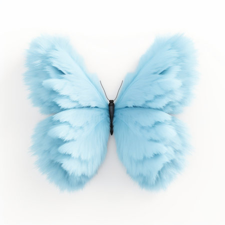 blue butterfly with fluffy wing and tail, captured in the style of carl kleiner. the butterfly stands out against a white background, showcasing its intricate fur and feather textures. the light turquoise and light sky-blue hues add a touch of vibrancy. inspired by petrina hicks, the image features luminous 3d objects and a birds-eye-view perspective, creating soft tonal transitions. ai generatedの素材