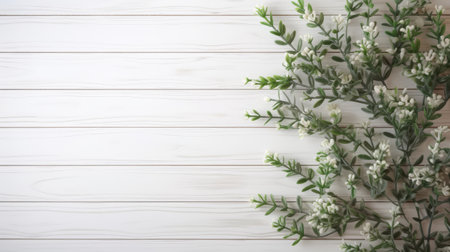 a top view of a white wood furniture oblong room style table. this stock photo captures a minimalistic composition with delicate flowers, silver and green accents, and intertwining materials. the botanical abundance and striped arrangements add a touch of elegance to this uhd image. ai generatedの素材