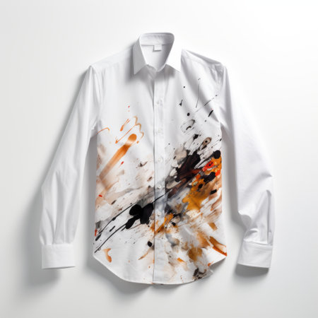 the collar of a white long shirt stands out with an orange paintstroke, creating a striking contrast against the white background. the design resembles the style of splatter paintings, with meticulous still lifes and airbrushing techniques. the brown and black hues add to the monochromatic chaos, while the swirling colors create a polished and captivating effect. ai generatedの素材