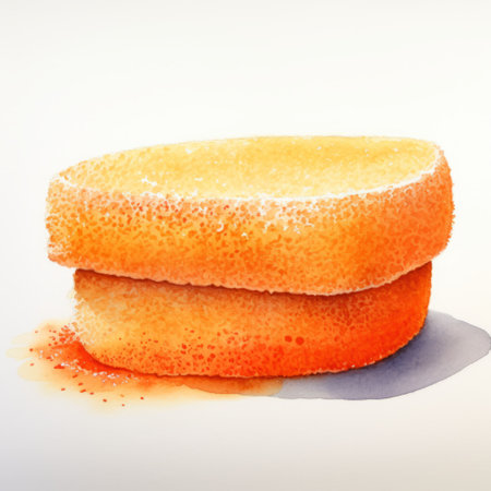a piece of yellow frosting, resembling a realistic watercolor painting, is depicted in this rough-edged 2d animation. the rounded and realistic portrayal captures the essence of everyday life, with a combination of dark white and orange hues. the frosting is piled and stacked, reminiscent of the artistic style of les nabis. ai generatedの素材