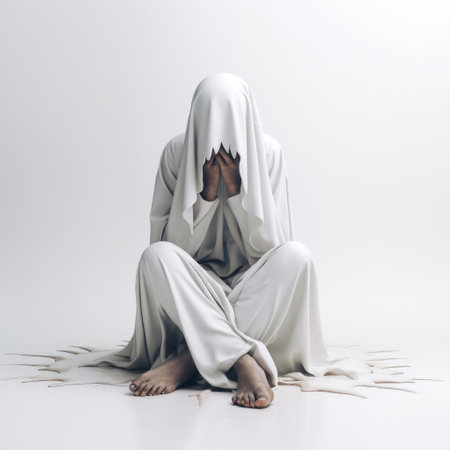 an old ghost woman, with cracked and weathered skin, is seen reclining on the ground. the photo is captured in the style of a white background, reminiscent of religious themes. the image evokes emotional sensitivity and draws inspiration from the works of gareth pugh, dimitry roulland, and hiroshi nagai. ai generatedの素材