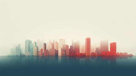 a minimalist cityscape featuring a digitally manipulated image of a red and orange coloured skyline reflecting on the dark water. the soft mist adds a touch of tranquility to the scene, while the light cyan and beige tones create a calming atmosphere. this artwork by mike winkelmann captures the essence of american urbanism with a hint of teal and red accents. ai generatedの素材