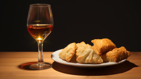 calzones on a plate, accompanied by a glass of wine, captured in a visually stunning style using vray tracing. the lighting creates a warm and inviting ambiance with shades of light amber and amber. the photograph showcases the artistic use of the steinheil quinon 55mm f19 lens, while incorporating elements of chinapunk, parodies, and pastiches. the image also features the contemporary technique of rtx on,の素材