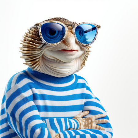 a turtle wearing sunglasses poses in a surreal fashion photography style. the turtle is placed on a white background, showcasing its striped pattern. the image captures the inventive character designs of sacha goldberger and the detailed attention to costume and fashion by serge marshennikov. the turtle's blue and azure hues add a vibrant touch to the overall composition. ai generatedの素材