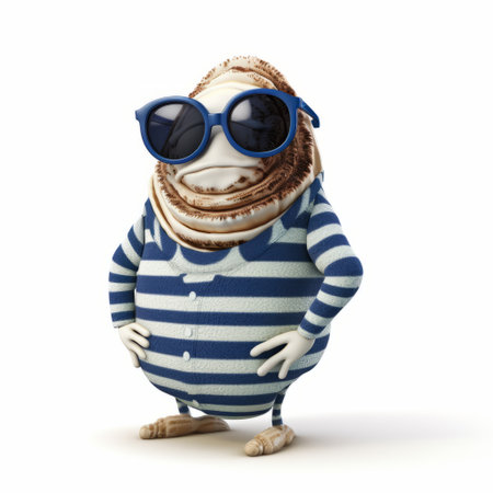 a small rabbit, dressed in a red striped shirt, wearing sunglasses and glasses, is depicted in a stylish costume design. rendered in cinema4d and featuring a color palette of indigo and beige, this artwork draws inspiration from the les nabis movement. the horizontal stripes and the unique touch of artist alex petruk ape add a bulbous charm to the composition. ai generatedの素材
