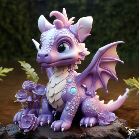 a purple dragon figurine with little flowers is showcased in this photo. the figurine is surrounded by water, adding a touch of serenity to the scene. the style of the rendering is realistic and hyper-detailed, with a hint of cartoon-inspired pop. the lighting is realistic, creating soft and romantic ambiance. the interactive and toy-like proportions of the figurine make it even more captivating, while theの素材