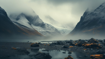 cloudy sky and rocky mountains captured in the style of olivier valsecchi and even mehl amundsen. this high-quality photo showcases a soft atmospheric perspective, with a color palette of dark white and aquamarine. adventure-themed and evoking a sense of environmentalism, it immerses viewers in a captivating landscape. ai generatedの素材