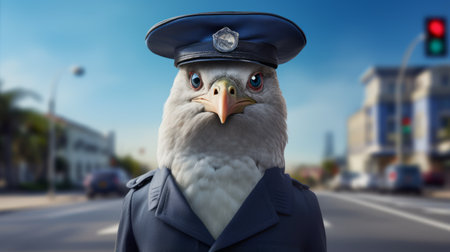 a bird-shaped sculpture in a police uniform stands on a street, showcasing photorealistic surrealism. this hyper-realistic animal illustration, rendered in maya and cinema4d, captures the essence of editorial illustrations with its close-up, caricature-like style. ai generatedの素材