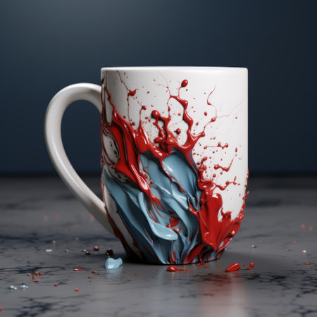 a custom illustration of an art drip coffee cup, perfect for your coffee table or coffee table design. this unique piece is created in the style of zbrush, featuring stylized violence with dark cyan and red tones. rendered in unreal engine, the composition showcases a cyclorama with a scattered arrangement on a marble surface. ai generatedの素材