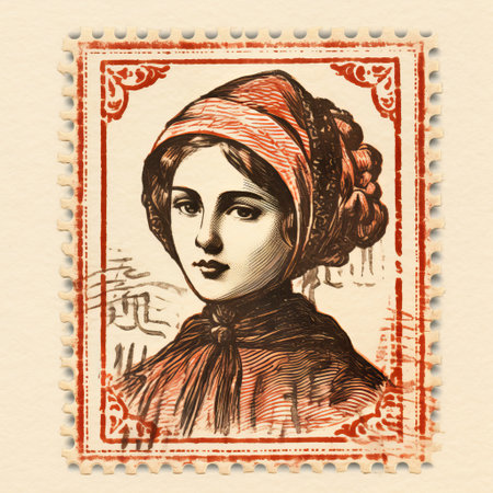 a vintage-style stamp featuring a woman wearing a red horn, reminiscent of 19th-century qajar art. the stamp showcases intricate crosshatching and draws inspiration from slovenian paintings and charming character illustrations. the matte finish adds to its overall appeal. ai generatedの素材