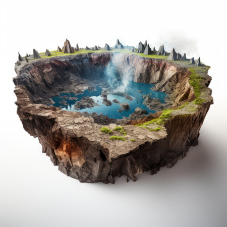 a surrealistic futuristic rock formation stands on a desert island, amidst grass and rocky surroundings. this matte photo captures the essence of a detailed world-building, with trapped emotions depicted. the image evokes a sense of surrealism and showcases a unique blend of elements, resembling a melting pot. it is reminiscent of nyc explosion coverage, with a cyclorama-like backdrop. ai generatedの素材