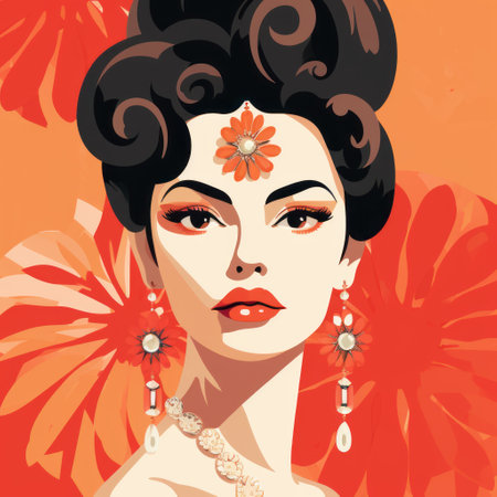 mandala art hd graphic design illustration featuring a woman with captivating hair and eyes, reminiscent of retro hollywood glamour. the artwork showcases a vibrant color palette of orange and crimson, drawing inspiration from traditional chinese painting. the simplified and stylized portraits are adorned with intricate flower and nature motifs, exuding a retro charm and expressive character designs. ai generatedの素材