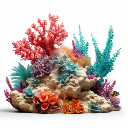 3d coral reef sculpture featuring vibrant blue and green corals, created in the style of caras ionut. the sculpture is set against a clean white background, showcasing the intricate details and dynamic colors. with hints of light orange and magenta, this artwork captures the essence of isolated landscapes and lush baroque still lifes. the use of kodak colorplus enhances the lively and vibrant color-field ofの素材