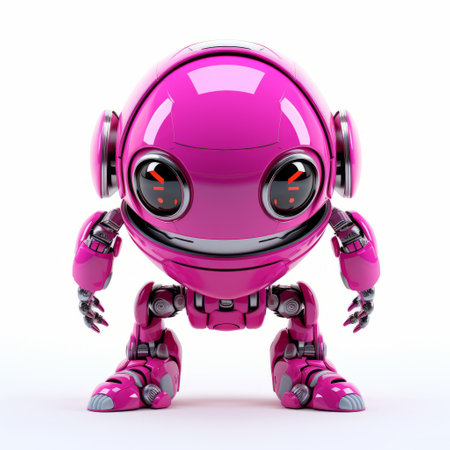 pink robot with a penchant for smiling, showcased in a captivating 3d animation. this inventive character design draws inspiration from the olympus m.zuiko digital ed 45mm f/1.2 pro lens, featuring shiny eyes and spherical sculptures. ai generatedの素材
