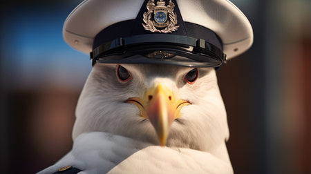 a gull wearing a naval captain hat is captured in a screenshot, reminiscent of the artistic style of elke vogelsang. the image showcases the use of tilt-shift lenses, creating a unique perspective. it also incorporates elements of security camera art, with intense close-ups. the composition draws inspiration from tim hildebrandt's hyper-realistic animal illustrations. this captivating photo can be found on flickr. ai generatedの素材
