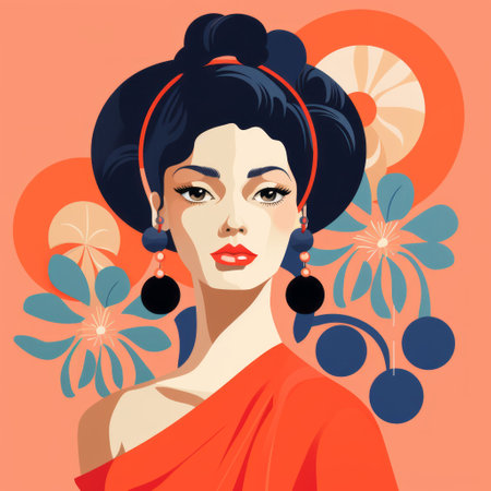 a resourceful woman wearing a red dress adorned with flower motifs poses for a portrait inspired by geisha art. the simplified and stylized portrayal captures her strong facial expression. the vibrant murals in the background feature glamorous pin-ups in shades of light orange, dark orange, and light blue. ai generatedの素材