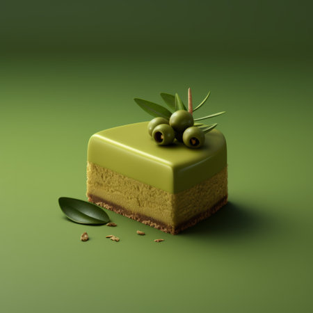 olive cake with melted wax on a green background, featuring a soft tonal range and detailed character design. this photo, inspired by the style of oliver wetter and gediminas pranckevicius, showcases layered compositions and utilizes vray tracing. captured with a minolta riva mini, this image highlights the intricate beauty of the olive cake and the artistry behind its creation. ai generatedの素材