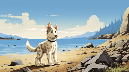 dogs running on the beach, captured in a stunning art piece, embody the lively and energetic nature of these beloved animals. this artwork, inspired by the style of becky cloonan, features pixel art with naturalistic landscape backgrounds. the dogs are depicted with highly realistic details, showcasing their silver and beige coats. the overall aesthetic draws inspiration from the works of nicholas roerich and the graphicsの素材