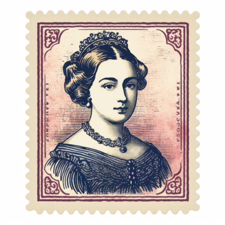 queen's portrait on a stamp, featuring a white frame and mid-century illustration style reminiscent of raphaelle peale. the vibrant colors of dark pink and blue add a touch of elegance to the design. captured using a graflex speed graphic camera, the digital illustration showcases intricate and refined line work, reminiscent of the artistic style of frederick morgan. ai generatedの素材