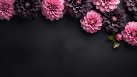 flowers on a black background featuring a light black and magenta color scheme. this uhd image by jessica drossin showcases a pastel color palette with decorative borders. the flowers are beautifully highlighted in light magenta and dark bronze tones, providing a high-resolution visual experience. ai generatedの素材