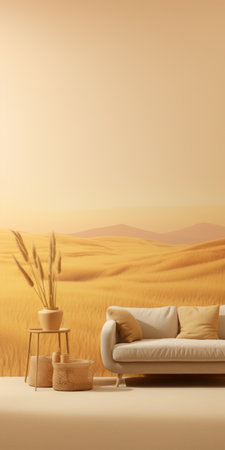 a 3d rendering of a minimalist couch surrounded by plants in a yellow landscape. the beige and amber color scheme creates a soft and romantic atmosphere. the desertwave-inspired wallpaper adds an eastern and western fusion touch to the scene, while the monochromatic harmony enhances the overall aesthetic. ai generatedの素材