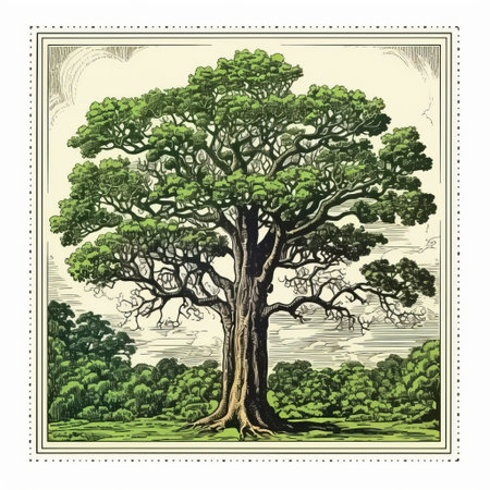 the ancient and mighty amazon tree stands tall in this vintage poster-style photograph. with a color palette of light gray and green, it exudes the essence of 19th-century american art. the image captures the intricate details and realistic rendering of storybook illustrations, reminiscent of bold block prints. its pastoral charm is truly captivating. ai generatedの素材