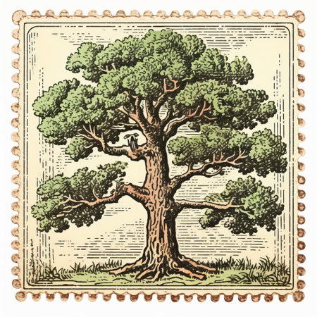vintage green tree with a leaf on the side, depicted in a rustic renaissance realism style. this vector image captures a birds-eye-view of the tree, reminiscent of 17th-century art. the naturalistic poses and influences from the american studio craft movement and british post-war art add depth to this unique mail art piece. ai generatedの素材