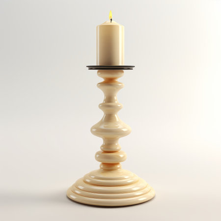 a candle stand sits on a white table, showcasing a realistic and detailed rendering. the wood sculptor has crafted it with precision, incorporating light yellow and black tones. the style reflects elements of biedermeier and precisionist art, with creased textures adding a touch of snailcore aesthetic. ai generatedの素材