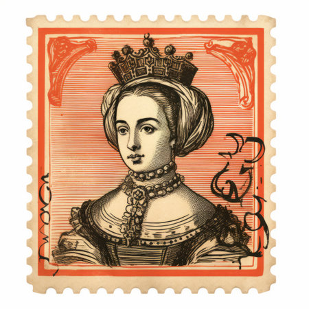 an old yellow stamp featuring queen julian of spain and her crown. this mid-century illustration showcases realistic lifelike figures in the style of 17th-century artwork. the stamp also incorporates elements of soviet influence, colorful woodcarvings, and british post-war aesthetics. ai generatedの素材