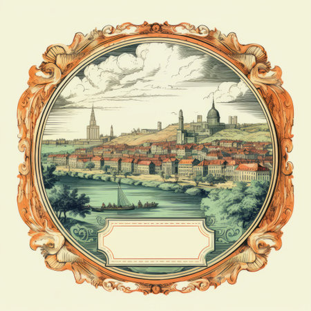 a framed image of the city in calabria, featuring baroque ornate flourishes and layered imagery with subtle irony. the style of the image is reminiscent of artists such as oliver jeffers, billy childish, and salomon van ruysdael. the color palette consists of orange and beige, creating a visually striking composition. ai generatedの素材