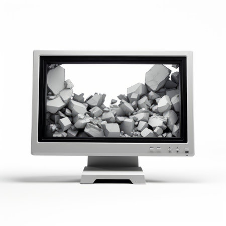 a computer monitor displaying 3d fragments on its screen, resembling raw materials. this national geographic-style photo captures the essence of monochromatic realism, with a color palette of white and gray. the image evokes a symbolic overload, reminiscent of stone sculptures. this associated press photo showcases the intricate details and artistic composition. ai generatedの素材