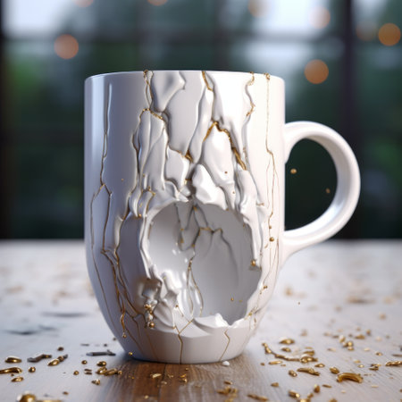 a 3d reconstruction of an old coffee mug with gold scratches, showcasing a contemporary diy style. the mug's design depicts trapped emotions in a cottagepunk aesthetic. the intricate detailing and meticulous craftsmanship make it a contest-winning piece. the mug's unique style combines elements of melting, plaster, and gold accents. ai generatedの素材