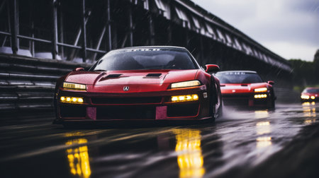 two 1990 acura nsx cars engage in a thrilling race, with drivers exchanging intense glances. sparks fly beneath the vehicles as they navigate a slightly wet track. the cinematic shot captures the reflections on one of the cars, adding to the dynamic atmosphere. shot on grainy medium format kodak portra 800 film with an smc takumar 105mm f/2.8 lens. ai generatedの素材