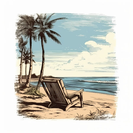 vintage and retro beach chair vector illustration capturing the essence of enigmatic tropics. this ink-wash landscape, reminiscent of vintage posters and referential paintings, exudes a pensive stillness. inspired by american scene painting and shot on kodak vision3 250d 5207 film, this artwork beautifully combines nostalgia and tranquility. ai generatedの素材