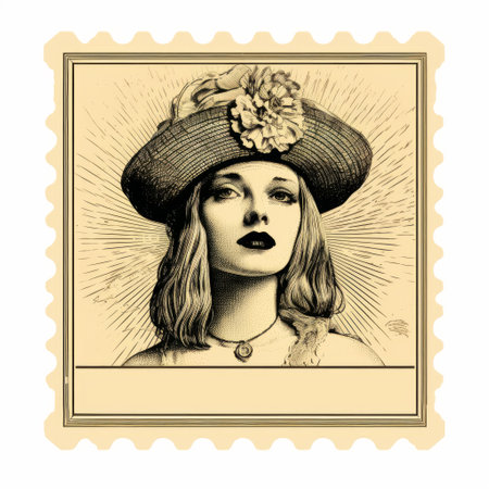 a vintage-inspired poster design featuring the 7th mark maani stamp, showcasing playful femininity and whimsical elements. this social media portraiture captures the essence of sovietwave with its fantastical and victorian-inspired illustrations. shot on kodak ektar film, this photo exudes a nostalgic charm. ai generatedの素材