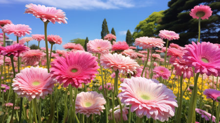 a vibrant field of pink, yellow, and purple flowers creates a stunning display of colors. the flowers are arranged in a light pink and light emerald style, adding a touch of elegance. against the backdrop of realistic blue skies, the flowers stand out in their naturalistic poses. the garden is a burst of light red and white, creating a colorful and picturesque scene. ai generatedの素材