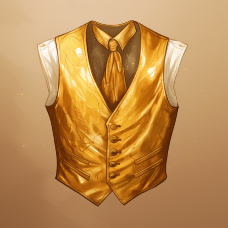 golden vest and tie on gold background: this speedpainting-style photo showcases an elegant golden vest and tie against a captivating gold backdrop. with a traditional color scheme, it exudes charm through charming sketches. the image also incorporates elements of princecore, heistcore, gemstone, and steampunk, creating a unique and captivating aesthetic. ai generatedの素材