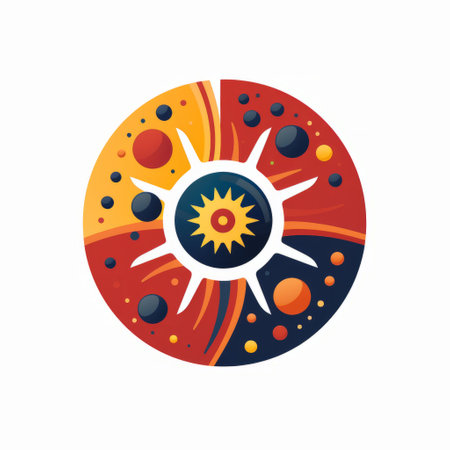 circular object logo: this vibrant and imaginative logo design idea features a circular object with colorful fantasy elements. the solarizing master technique adds a unique touch, while iconographic motifs enhance its visual appeal. the color palette includes shades of orange and maroon, inspired by native australian motifs. dark azure and red accents create a striking contrast, and spot metering adds depth to the design. aiの素材